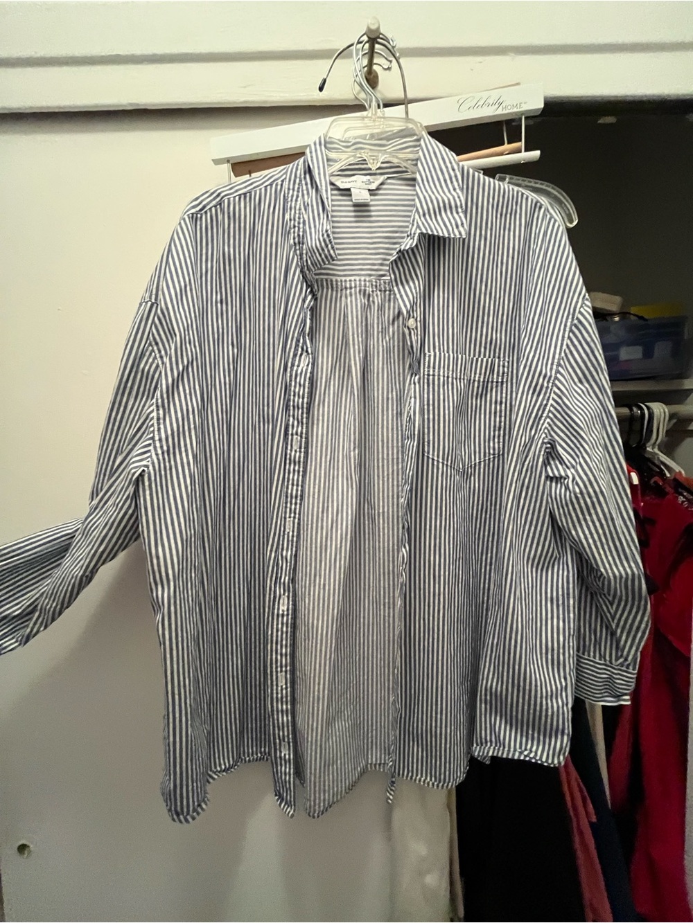 Old Navy Women's Blue and White Striped Button-Up Boyfriend Shirt